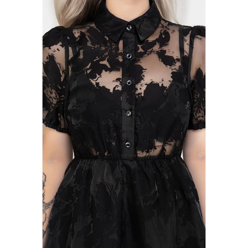 Disturbia Spectre Layered Midi Shirt Dress Black Floral Womens Size 4 New Sheer - Picture 2 of 11